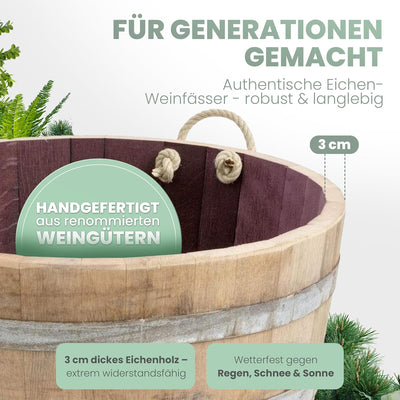Temesso Holzfass, Kräuterbeet, Pflanzkübel Weinfass Fass halbiert mit Trageschlaufen (echtes Weinfas
