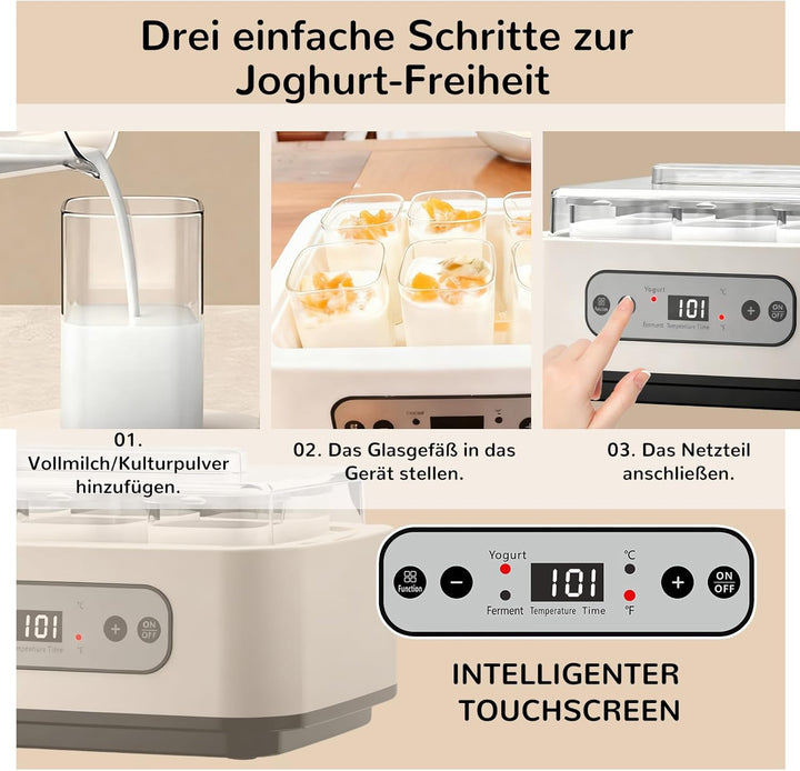 Joghurtbereiter mit 6 Glasbechern à 250 ml, Aartner Joghurt Maker Einstellbare Temperatur und Zeit,