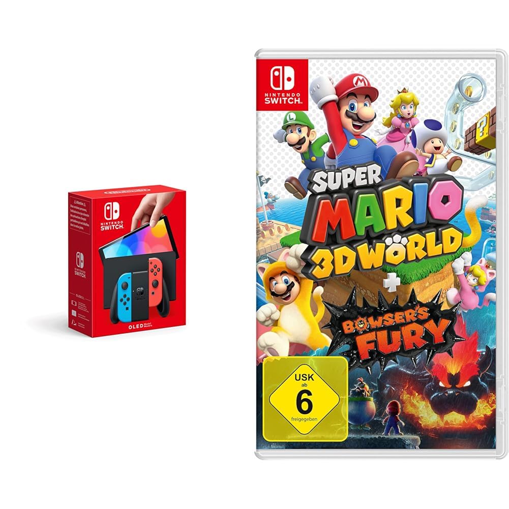 Nintendo Switch (OLED-Modell) Neon-Rot/Neon-Blau + Super Mario 3D World + Bowser's Fury - [Nintendo