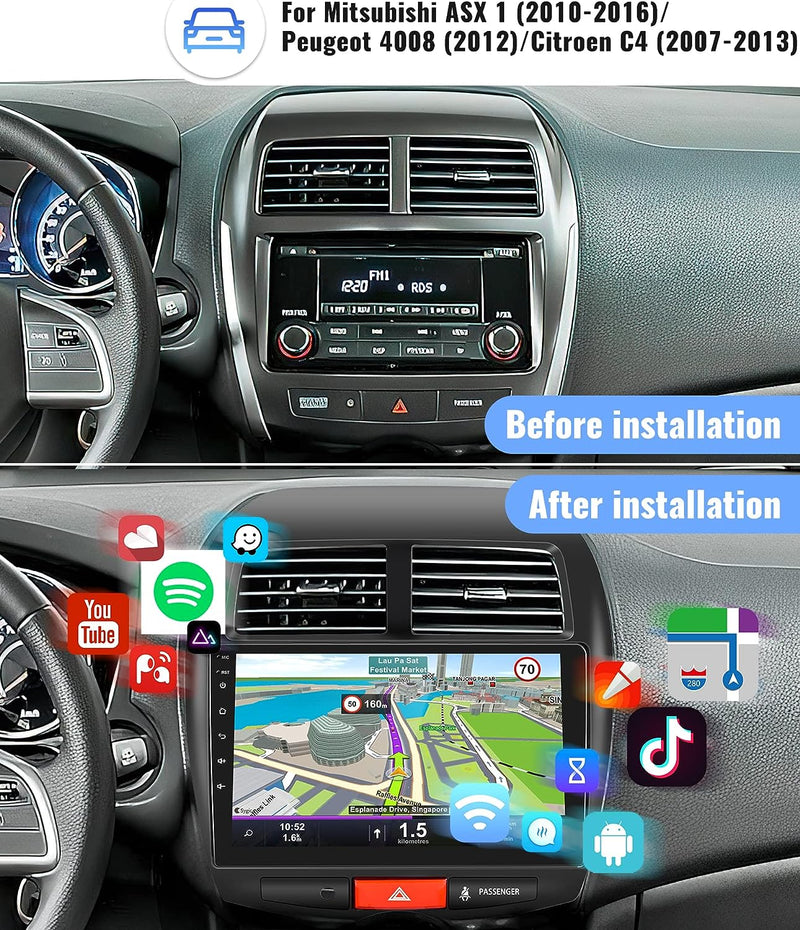 Podofo Android Autoradio für Peugeot 4008/Citroen C4/Mitsubishi ASX 1, 10" Touchscreen GPS Navi WiFi