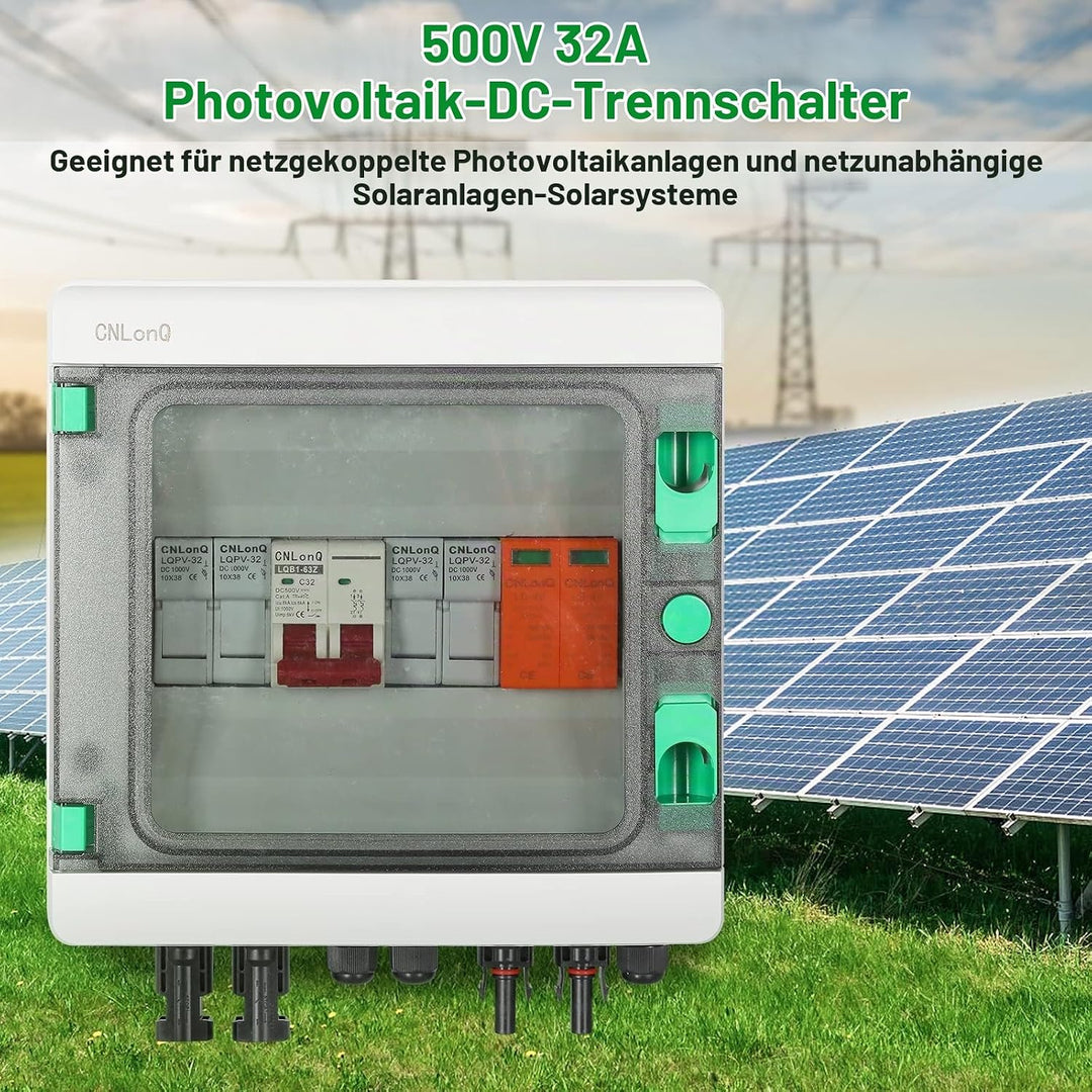 DEWIN 2 Saiten Solar PV Combiner Box, 2 String 500V 32A Solar PV Anschlusskasten Box 2 in 1 aus Wass