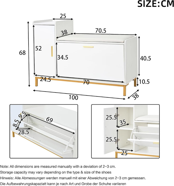 Merax Schuhschrank 100 × 38 × 68 cm mit Sitzbank &amp; Stauraum, Hochglanz Schuhregal mit 2 Klappfächern