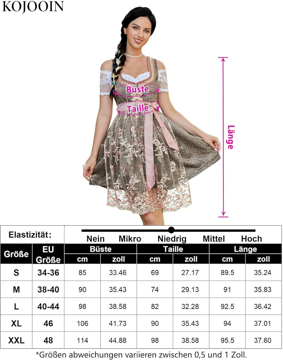 KOJOOIN Trachtenkleid Damen Dirndl Kurz Midi 3tlg. für Oktoberfest-DREI Teilig: Kleid, Bluse, Schürz