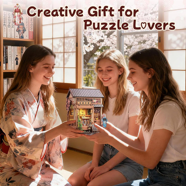 Fsolis Book Nook Kit - Japanisches Miniatur-Puppenhaus, 3D-Holz-Bastelset für Erwachsene, Bücherrega