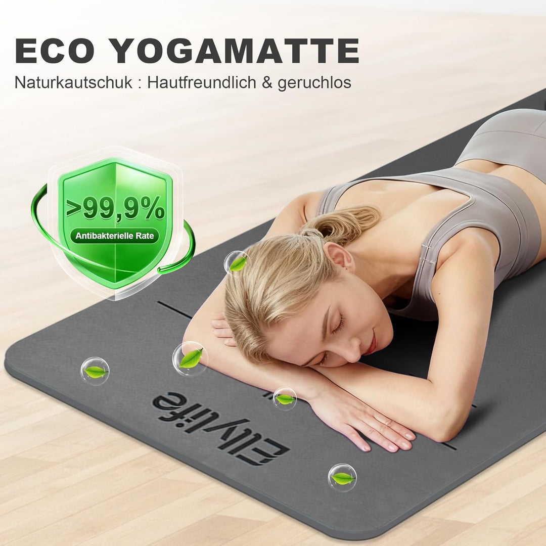 Yogamatte aus ECO Naturkautschuk & Hhautfreundlichem TPE, Extrem Rutschfest, Ausrichtungslinien, Ein