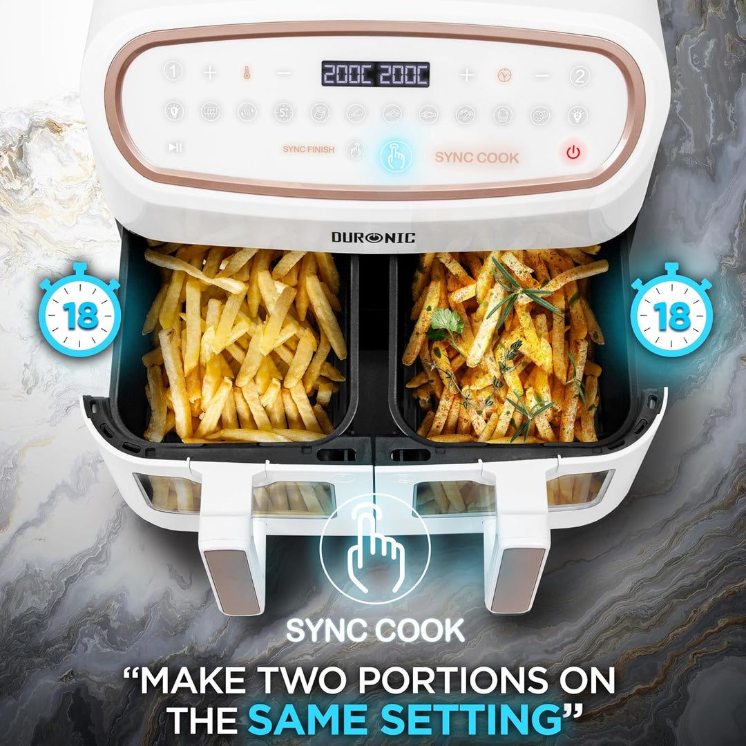 Duronic AF34 WE XXL Heissluftfritteuse, 10L Airfryer mit 2 Kammern, Doppel-Fritteuse ohne Öl, HLF Ai