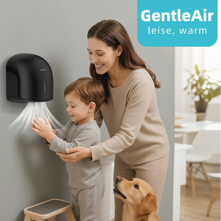 AIKE GentleAir Warmluft Handtrockner, Leise für Zuhause & Bäder, AC220V-240V, Mitternacht Schwarz, M