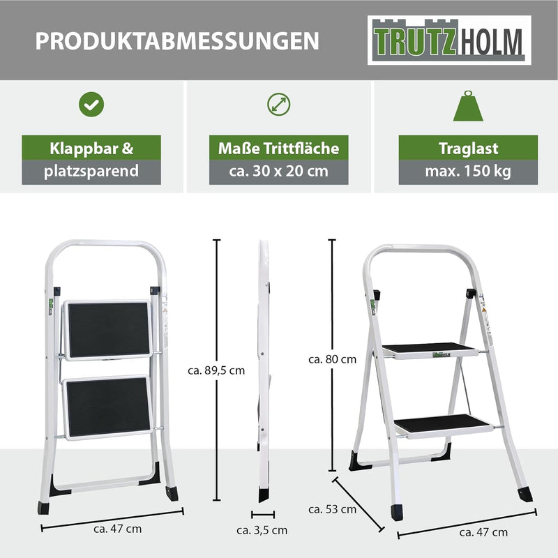 TRUTZHOLM Trittleiter 2 Stufen klappbar TÜV/GS Zertifiziert 150 kg Klappleiter mit Anti-Rutsch Tritt