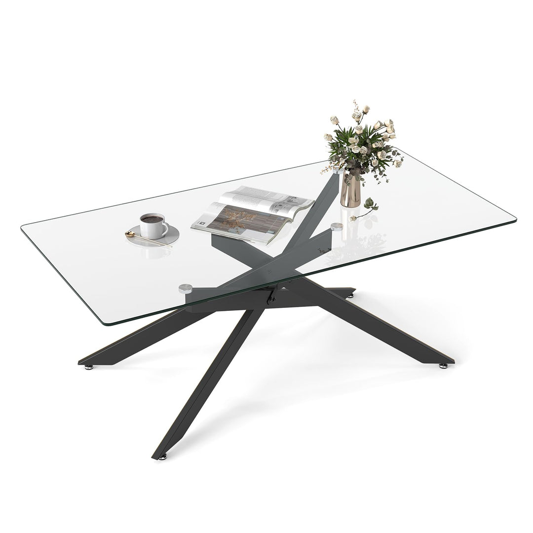 COSTWAY Couchtisch aus gehärtetem Glas, rechteckiger Glastisch mit Metall-Rohrrahmen, Wohnzimmertisc