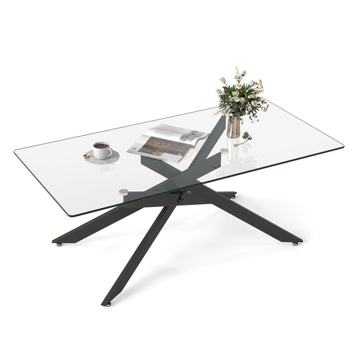 COSTWAY Couchtisch aus gehärtetem Glas, rechteckiger Glastisch mit Metall-Rohrrahmen, Wohnzimmertisc