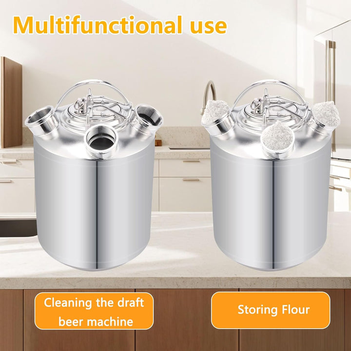 10L Bier Reinigungsfass Edelstahl, 3 Kopf ReinigungsbehäLter mit Deckel und Keg-Spiessen A,A,S, Bier