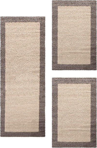 HomebyHome Bettumrandung Schlafzimmer 3 teilig Hochflor Teppich Taupe - Waschbarer Teppich Extra Fla