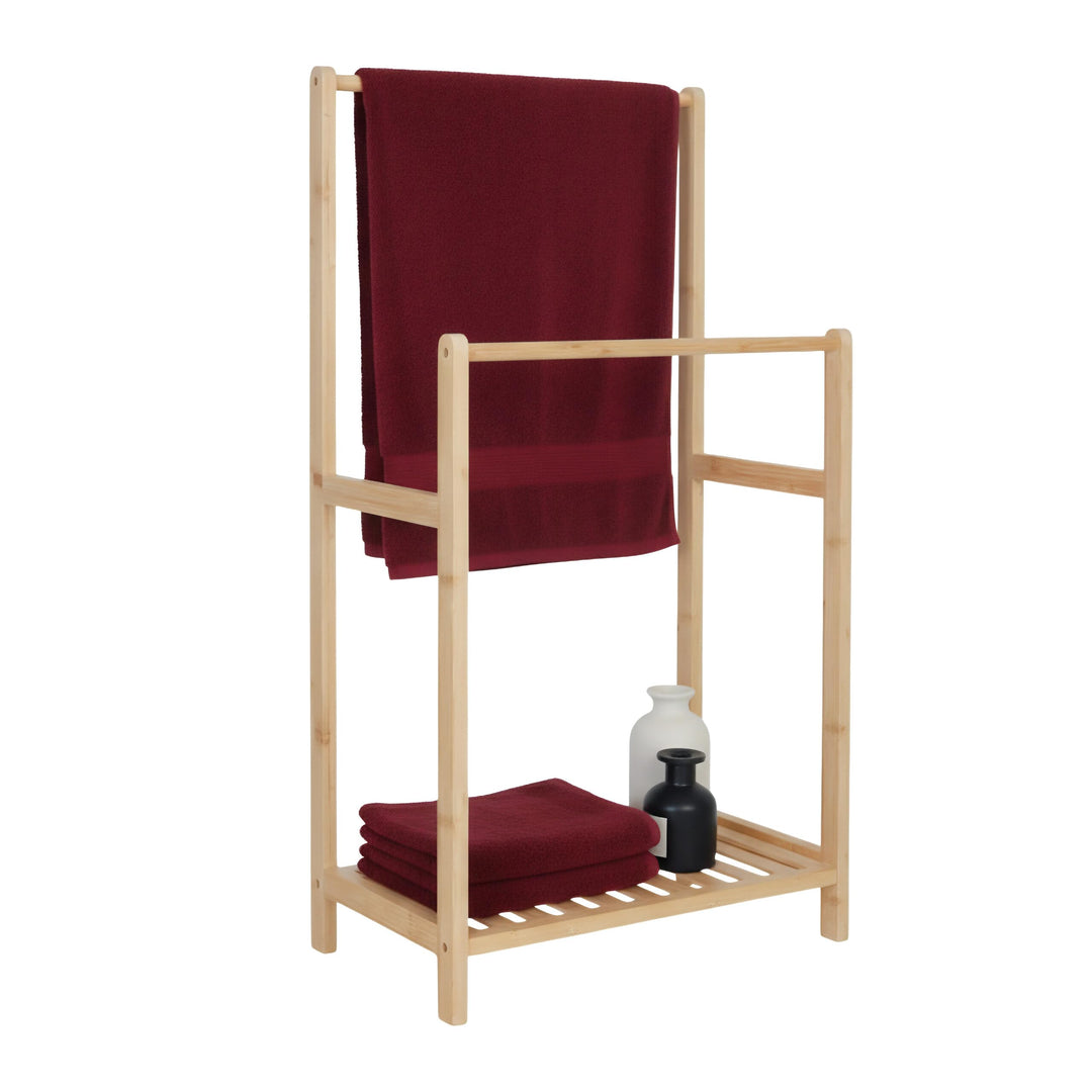 Relaxdays Handtuchständer Bambus, 2 Stangen, mit Ablage, HBT: 77,5 x 42 x 24 cm, freistehend, Duscht