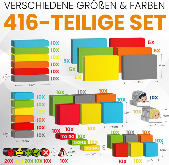 ATWAM - 416 Beschreibbare Magnete & Zubehör MEGA Set - Scrum & Kanban - Magnetstreifen Beschreibbar