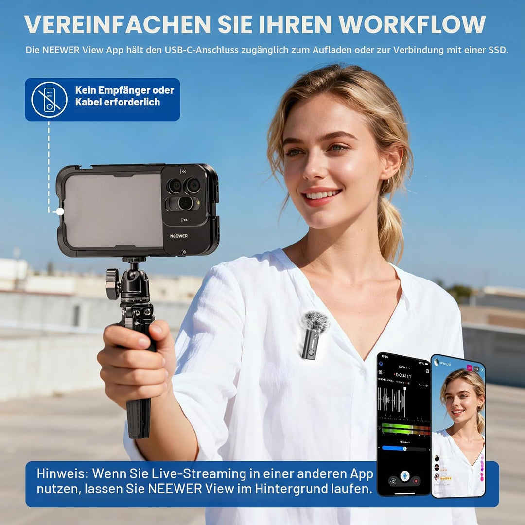 NEEWER KM23B Drahtloses Lavalier Mikrofon Bluetooth App Steuerung, kompatibel mit iPhone und Android