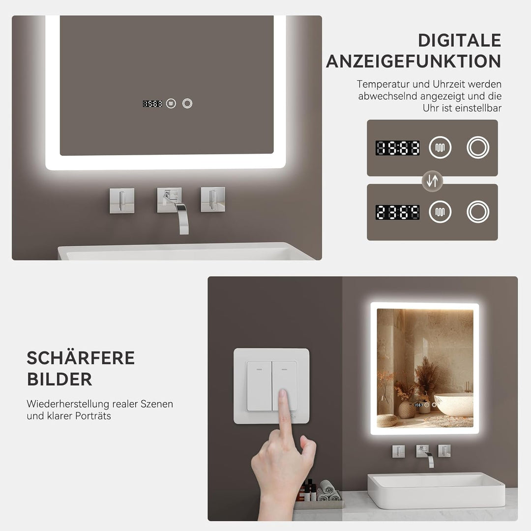 YOURLITE Badspiegel mit LED Beleuchtung 50x60cm, Badezimmerspiegel mit Touchschalter, Spiegel Bad Wa