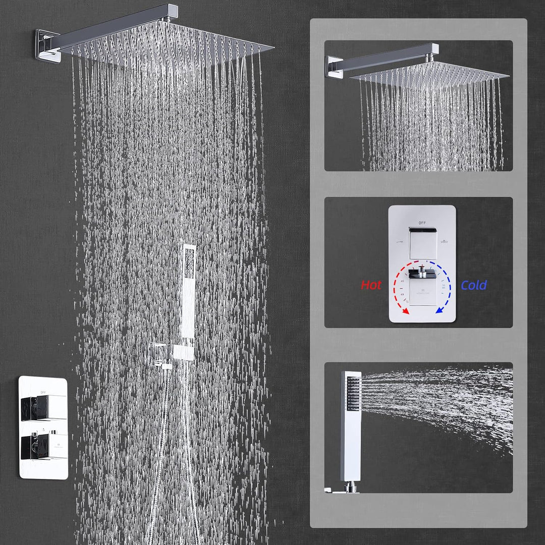 HOMELODY Regendusche Duschsystem mit Thermostat Unterputz Duscharmatur Eckig, Duschamaturenset Chrom