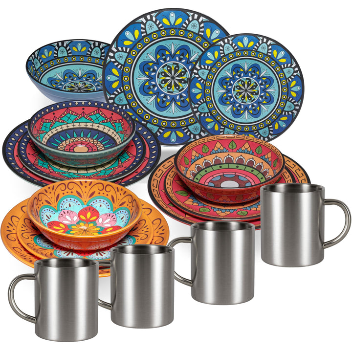 Melamin Geschirr Set Toskana Pastel für 4 Personen - BUNT - Mandala-Optik Spülmaschinengeeignet Essg