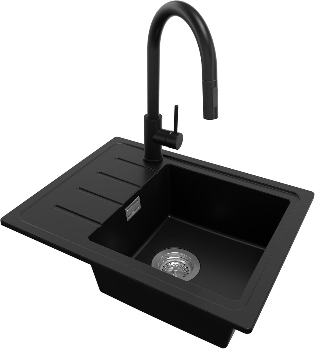 Granitspüle Schwarz 55x44 cm, Spülbecken + Ablauf-Set + Küchenarmatur 9050, Küchenspüle für 45er Unt