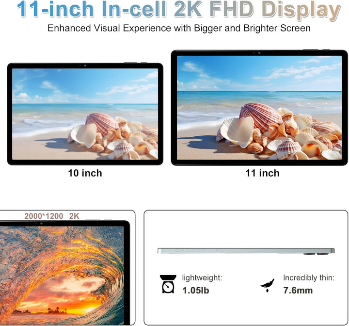 F11 2024 Tablet Android 14, 11 Zoll, 18 GB RAM, 128 GB ROM, 1 TB Erweiterung, 2K, WiFi 5G/2.4G, Kame