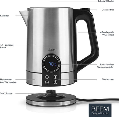 BEEM TEA-SWITCH Wasserkocher mit Temperatureinstellung & 1,7l Volumen | Temperaturwahl 40-100°C & Te