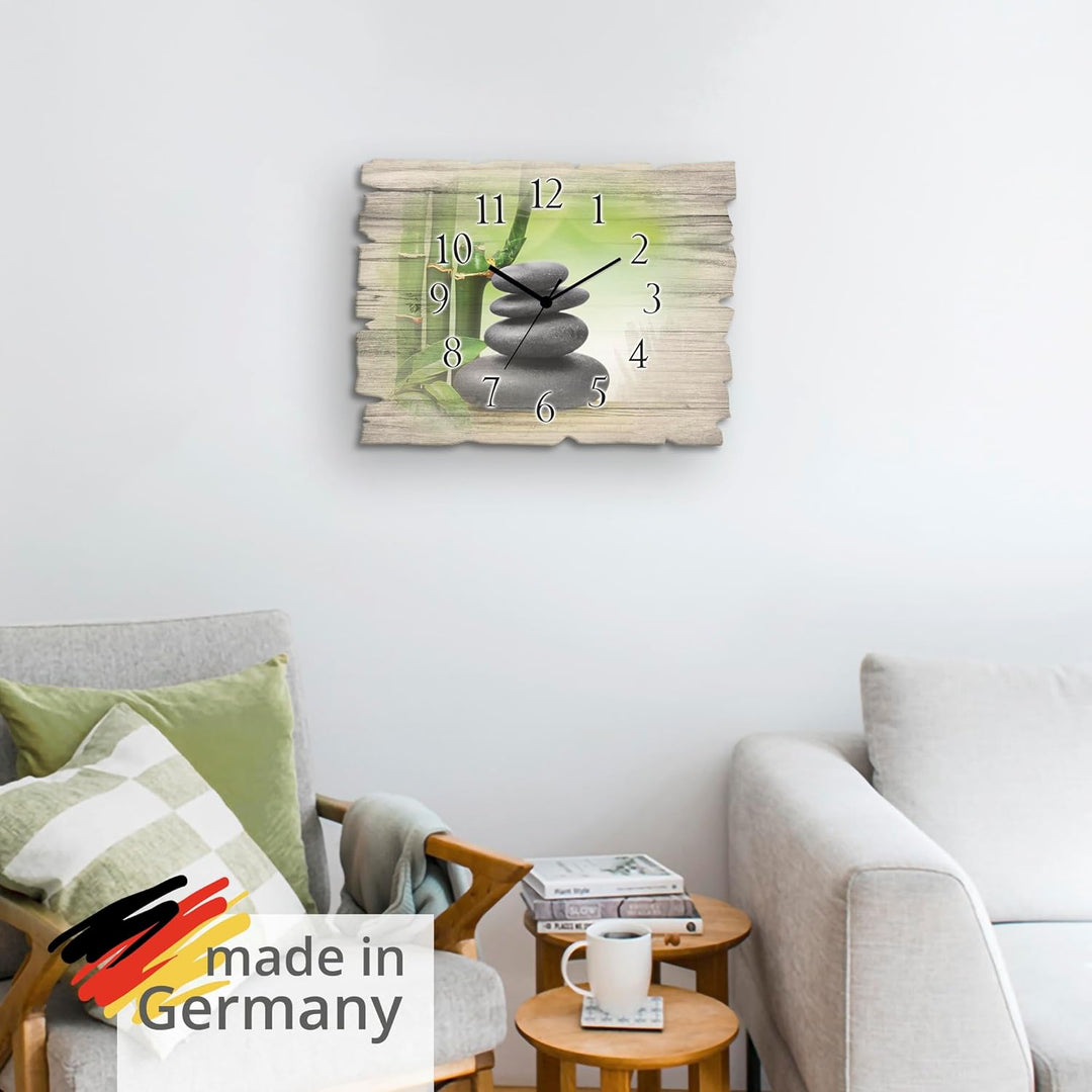 ARTLAND Wanduhr ohne Tickgeräusche aus Holz Quarzuhr 40x30 cm Rechteckig Lautlos Zen Spa Steine Bamb