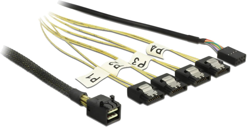 Delock 83322 SAS Kabel, Mini SAS HD auf 4x Sata 7-Polig mit Sideband, 1m schwarz