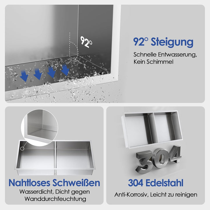 ROVOGO 60 x 30 x 10 cm Eingebettete Doppel-Duschnische Lagerung für Bad, Wandnische Dusche Edelstahl