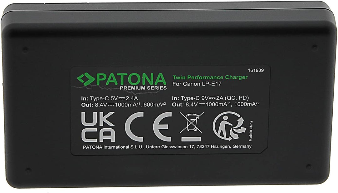 PATONA PD Dual Ladegerät USB-C (1000mA), LCD QC/PD 3.0, für LP-E17 Akku | Schnellladung ab 20W Netzt