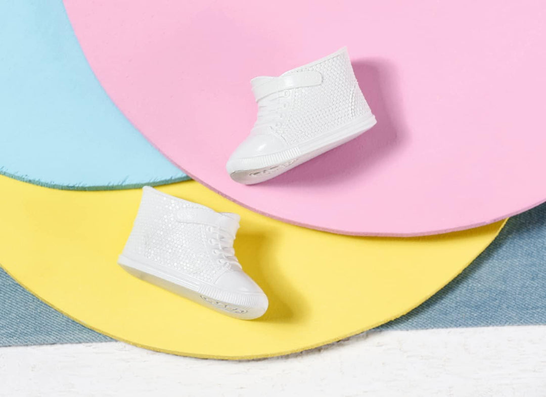 BABY born Deluxe Jeans Kleid, Puppenkleid mit gestreifter Leggings, rosa Mütze und Schunen für 43 cm