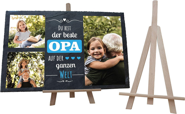 wandmotiv24 Schiefertafel Bester Opa mit Holz-Staffelei, Personalisiert mit 3 Farb-Fotos, Digitaldru