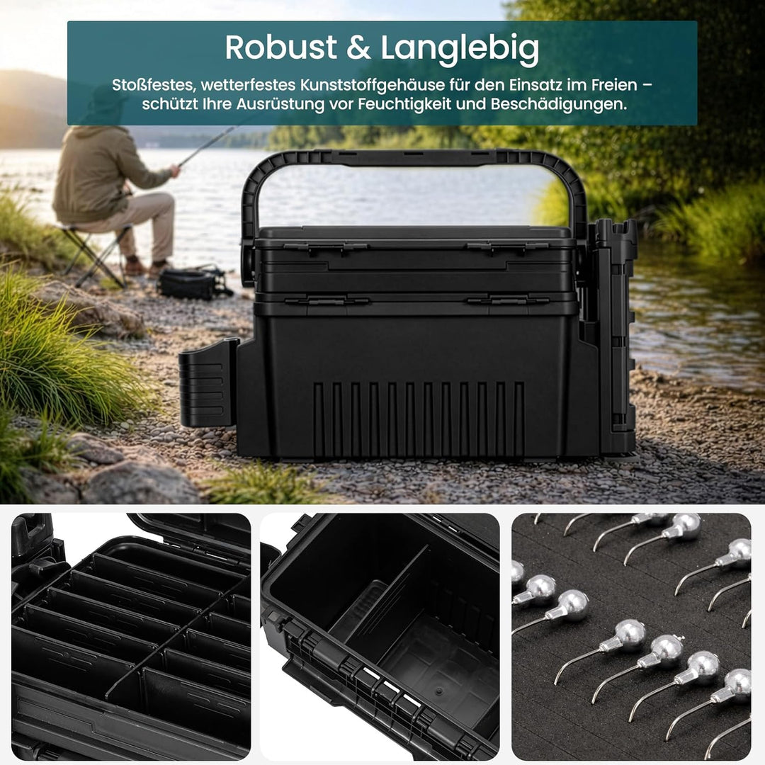 2-stöckig Gross Angelkoffer Tackle Box mit Rutenhalter & Becherhalter, klappbarem Tragegriff, 43×23×