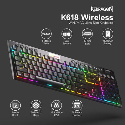 Redragon K618 Horus Mechanische RGB-Tastatur, Bluetooth/2.4ghz/kabelgebundene Tri-Mode Flache Tasten