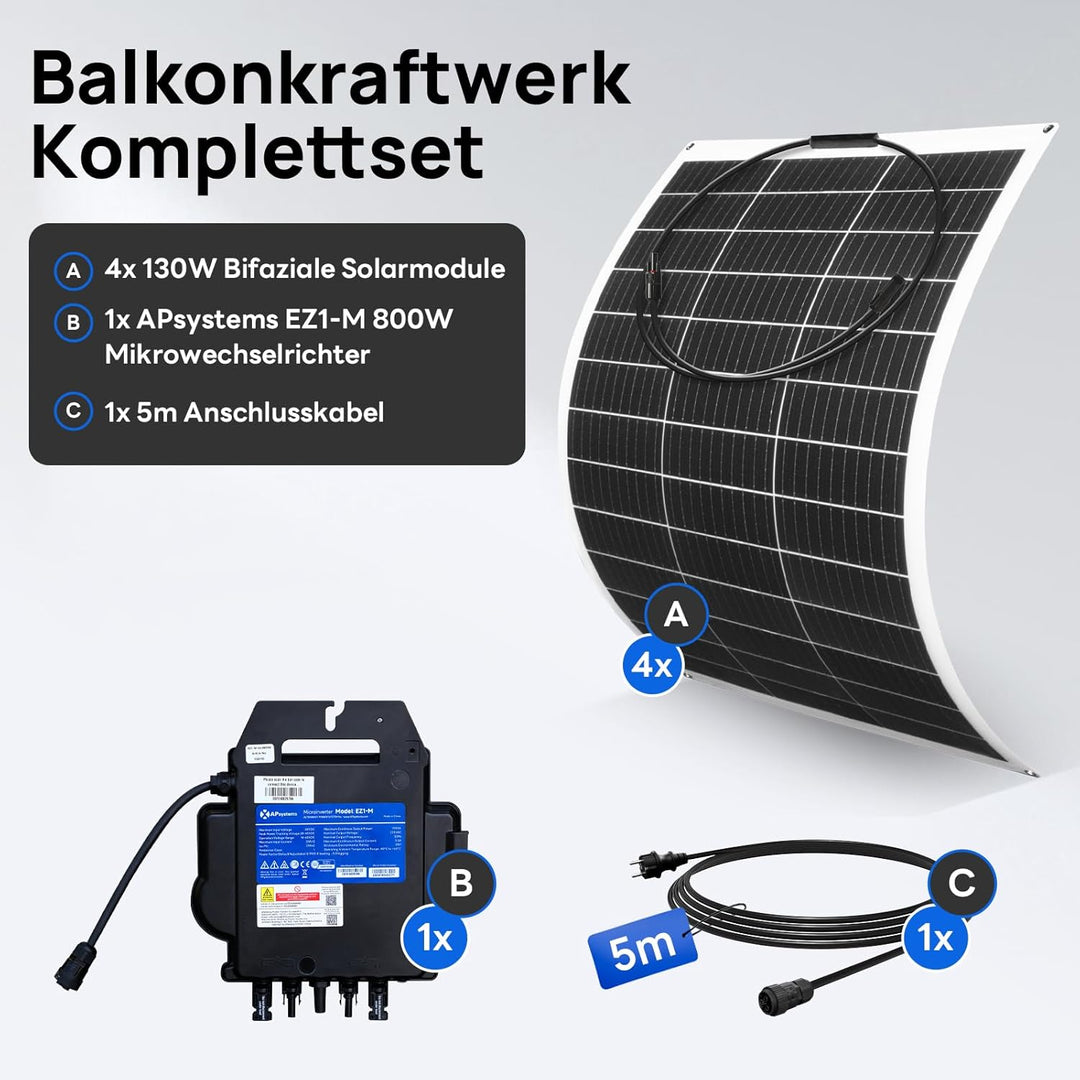 ECO-WORTHY Balkonkraftwerk 520W/600W,0% VAT balkonkraftwerk komplett steckdose mit 4x130W Solarpanel