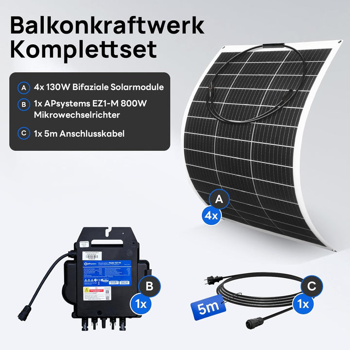 ECO-WORTHY Balkonkraftwerk 520W/600W,0% VAT balkonkraftwerk komplett steckdose mit 4x130W Solarpanel