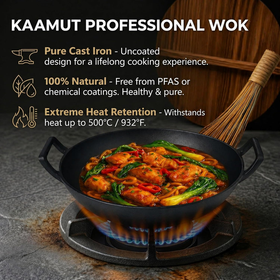 Wok Wadjan Professionell Ø36 aus Gusseisen – Mit Holzdeckel & Bambus-Wokbürste – Für alle Wärmequell
