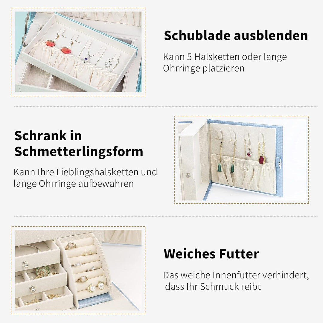 ADEL DREAM Schmuckkasten, Schmuckkoffer, gross, abschliessbar, 4 Ebenen mit 3 Schubladen, mit Spiege