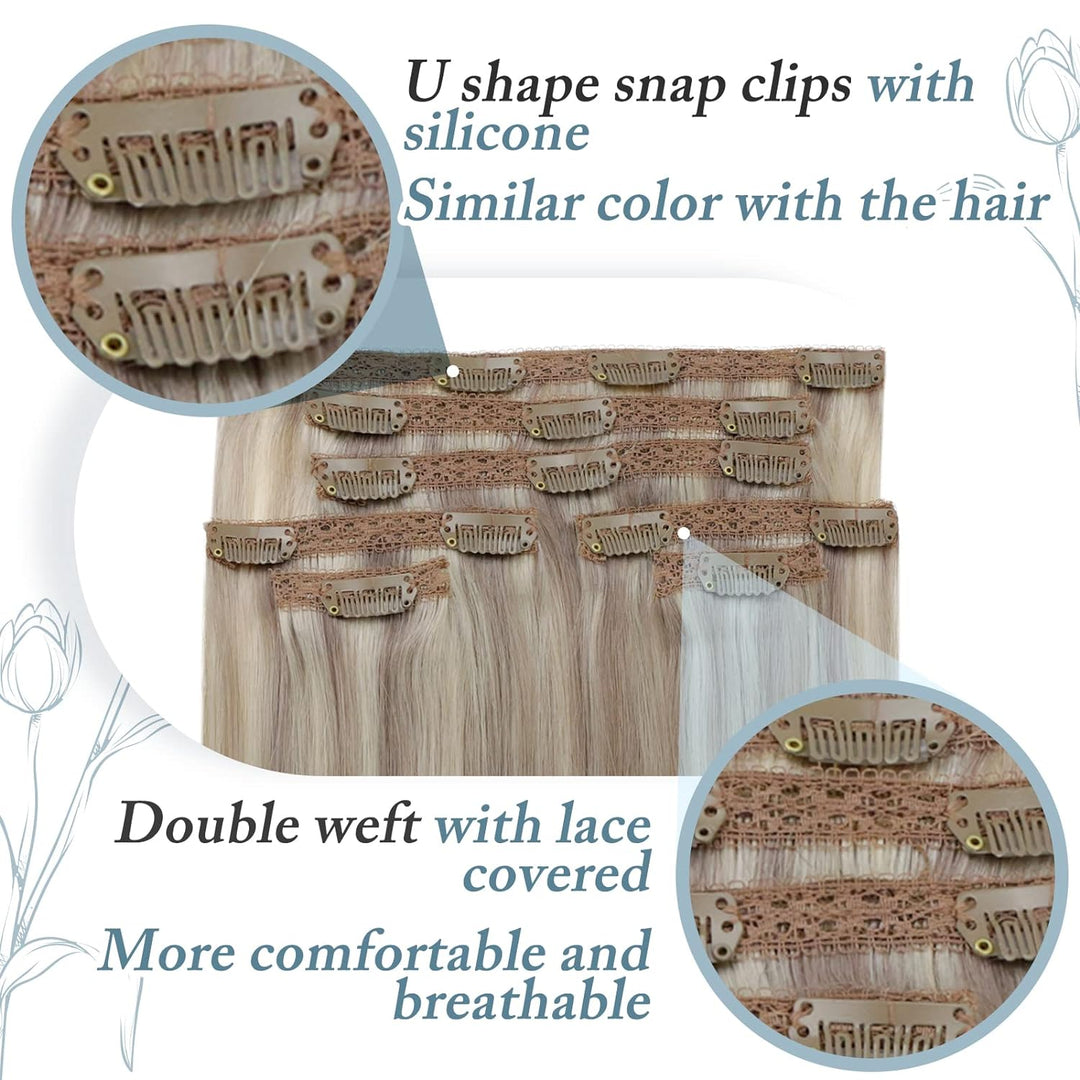 RUNATURE Clip in Haarverlangerung Echthaar Dunkelblond mit Platinblond Naturaliches Echthaar Clip in