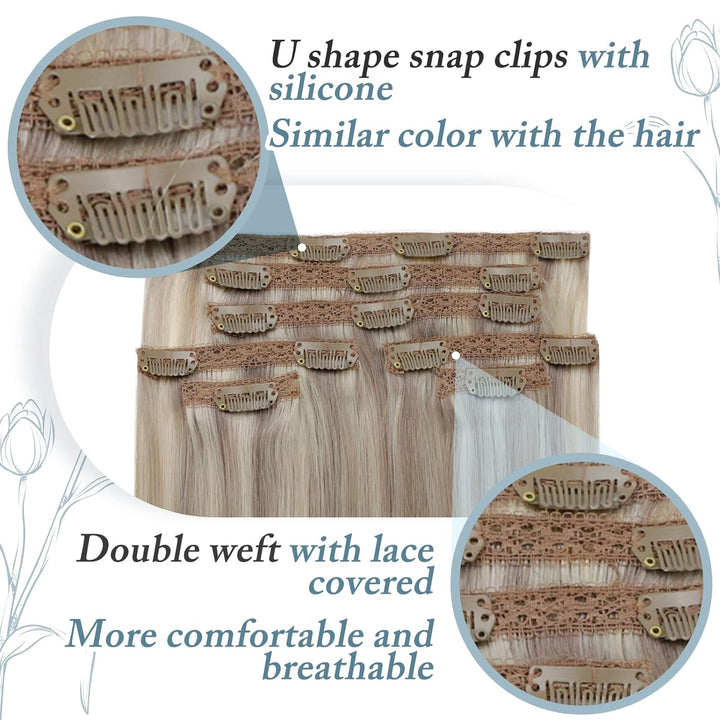RUNATURE Clip in Haarverlangerung Echthaar Dunkelblond mit Platinblond Naturaliches Echthaar Clip in