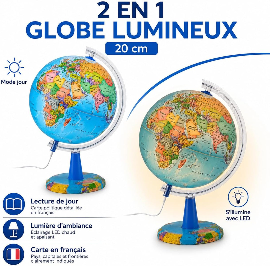 Topglobe TOPGLOBE Beleuchteter Globus 20 cm – französische Karte – moderne politische Globe – Dekora