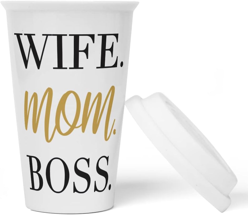 JUNIWORDS To-Go Becher mit Deckel, Wife. Mom. Boss