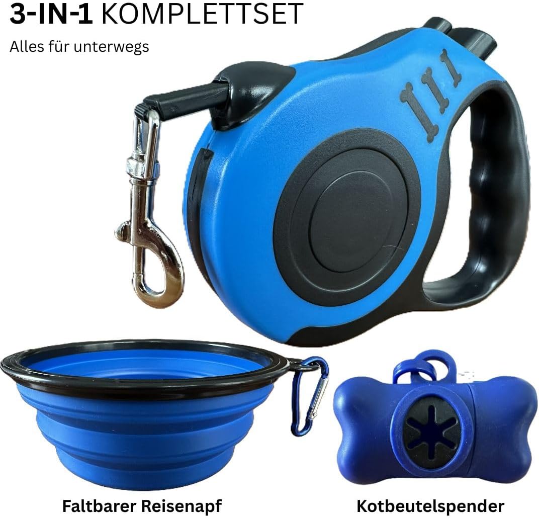 Hundeleine Reiseset 3in1 mit 5 m Rollleine Automatik, faltbarem Napf & Kotbeutelspender – Blau