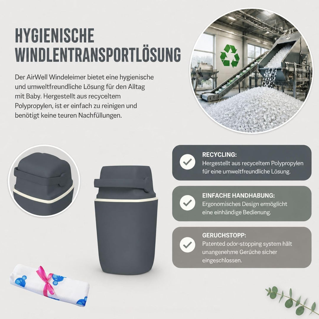 AirWell Windeleimer Geruchsdicht & Windel Blaubaer - Wickeleimer, mit Geruchsstopp-System, Einhändig
