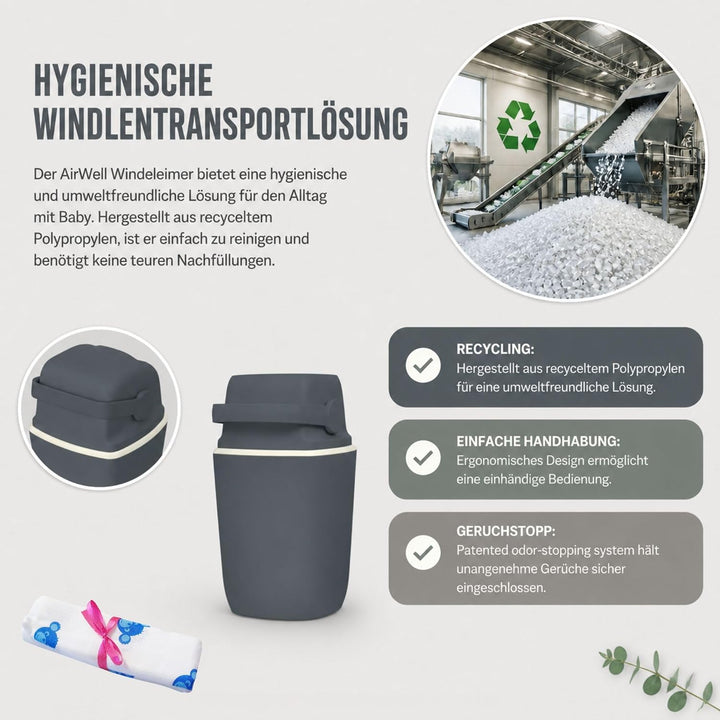 AirWell Windeleimer Geruchsdicht & Windel Blaubaer - Wickeleimer, mit Geruchsstopp-System, Einhändig