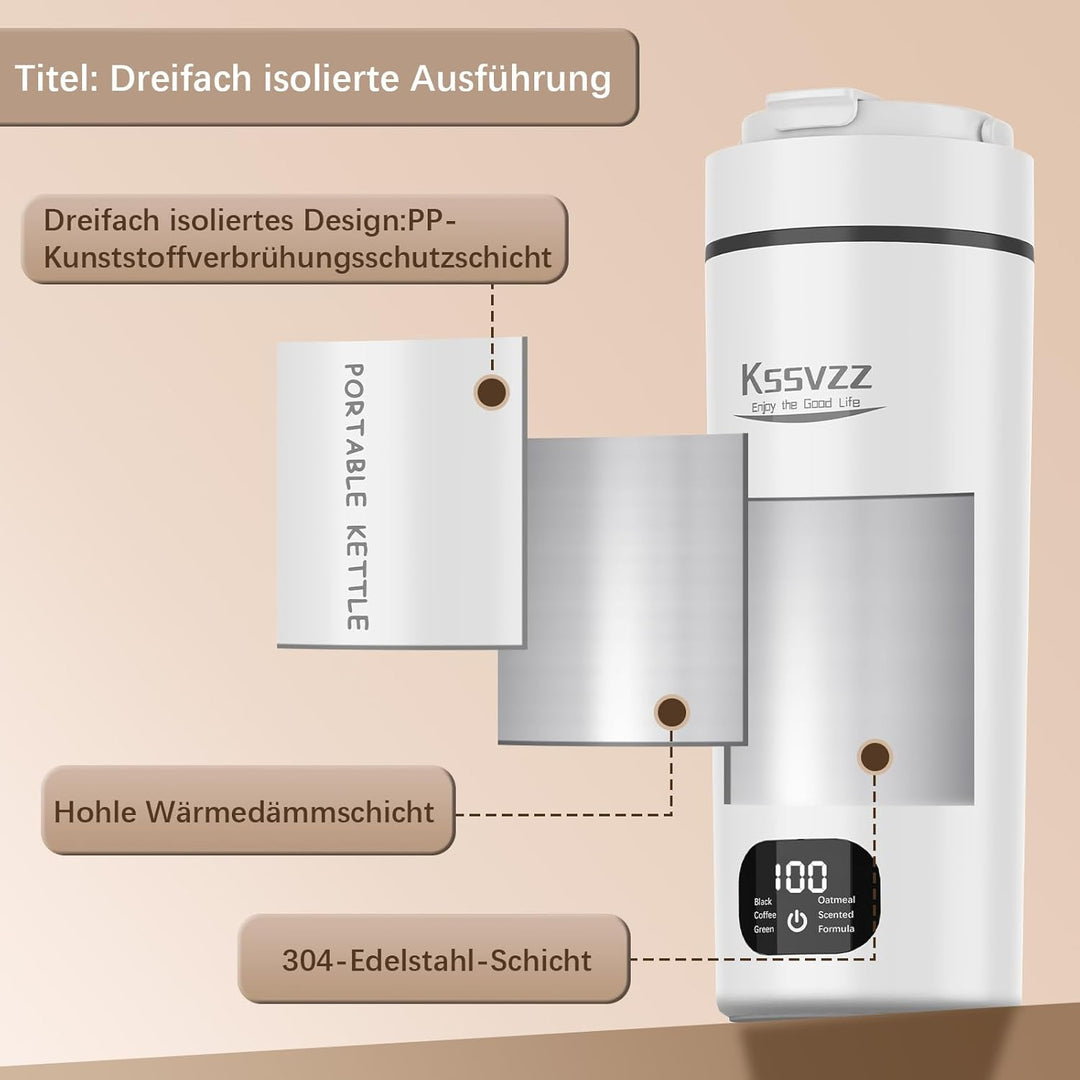 Kssvzz Reisewasserkocher Klein 450ml, Mini Wasserkocher mit 6 Temperatureinstellung, 110~240V 300W T