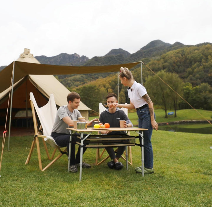 KingCamp Falten Bambus Campingtisch Klapptisch Verstellbare Höhe Aluminiumrahmen für Outdoor Camping