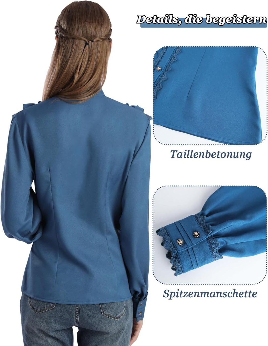 Fiamll Damen Viktorianisch Bluse Vintage Schleifenhemd Stehkragen mit Ruff Langarmshirt Mittelalter