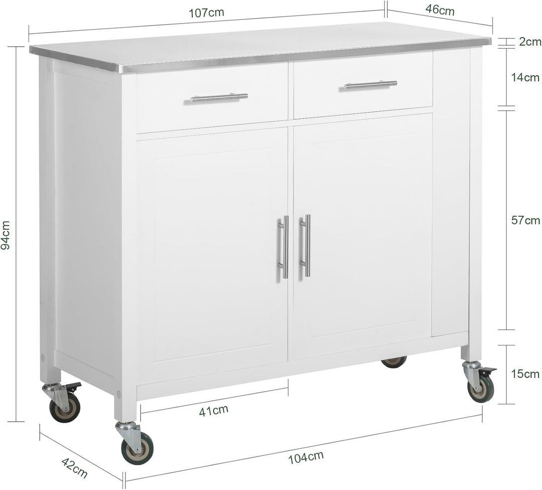 SoBuy FKW108-W Design Küchenwagen mit Edelstahlplatte Kücheninsel mit Seitenregal Küchenschrank Roll