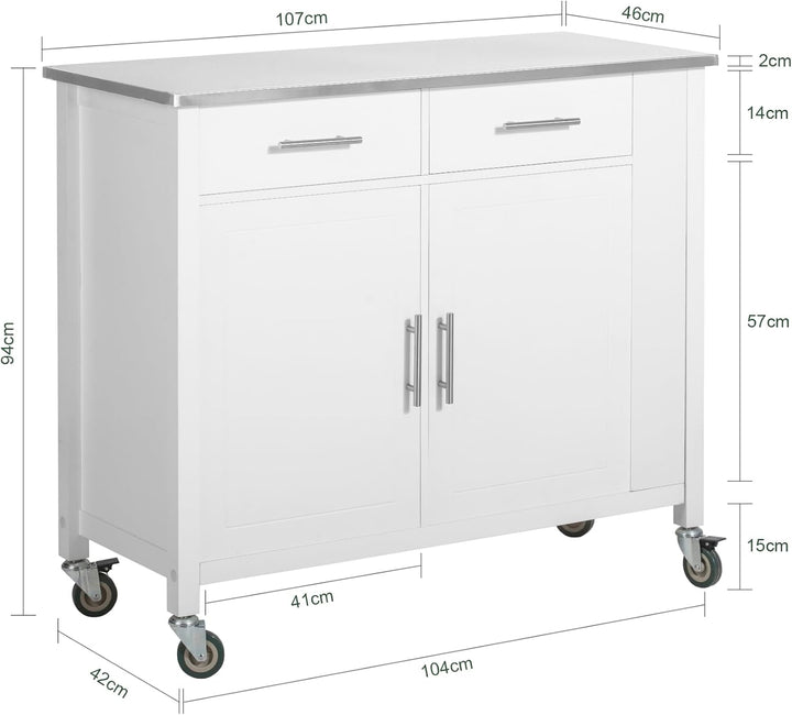 SoBuy FKW108-W Design Küchenwagen mit Edelstahlplatte Kücheninsel mit Seitenregal Küchenschrank Roll