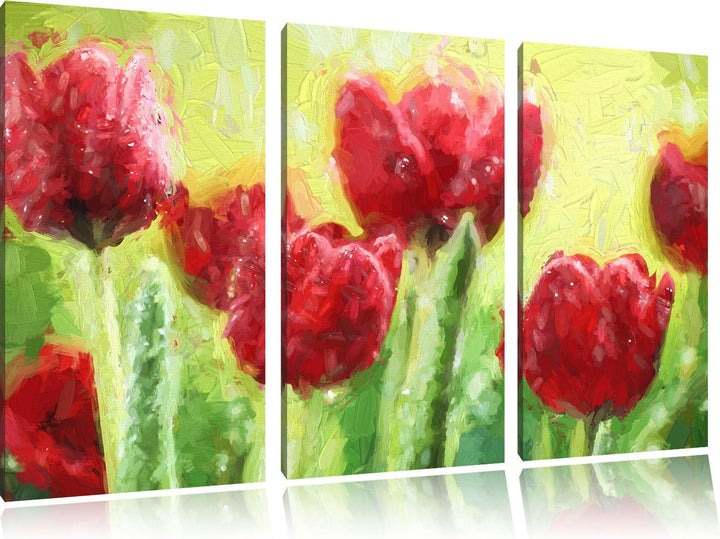 Pixxprint Rote Tulpen mit Tropfen bedeckt / 3-Teilig/Gesamtmass 120cm Leinwandbild bespannt auf Holz